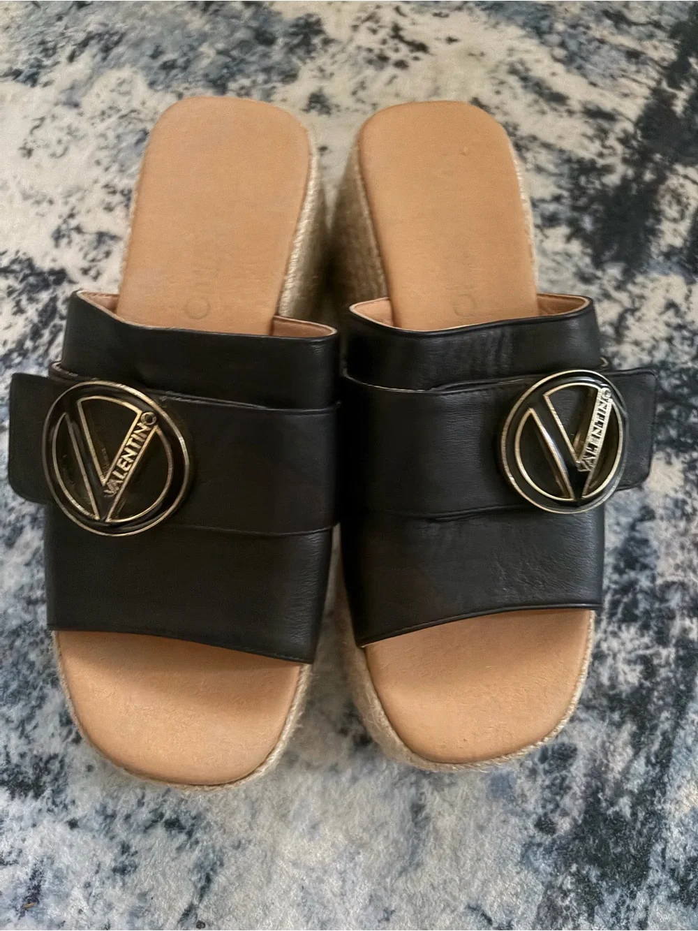 Mario Valentino Black Leather Platform Espadrille Slide with Gold Emblem